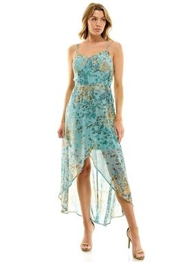 Lily Rose junior Aqua Floral High-Low Slip Dress size L